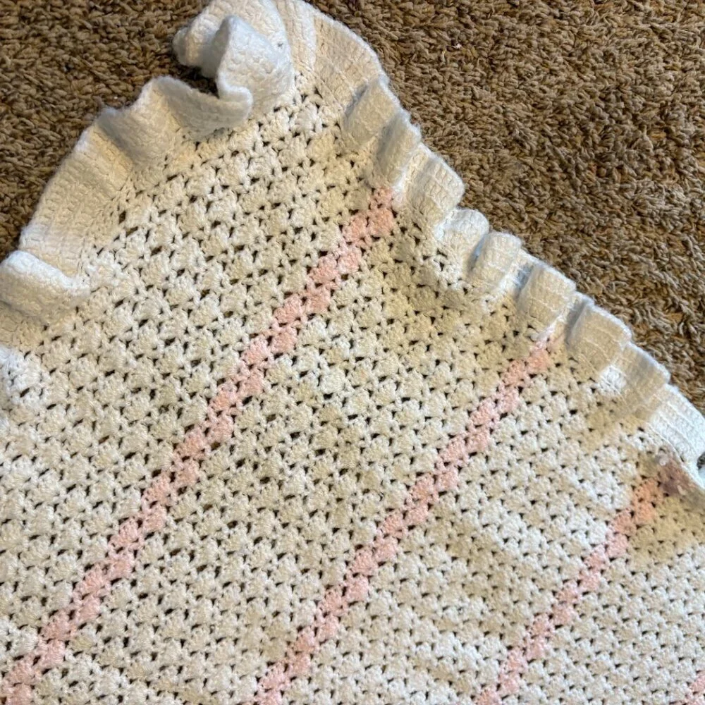 Handmade baby girl knitted striped frill baby blanket
